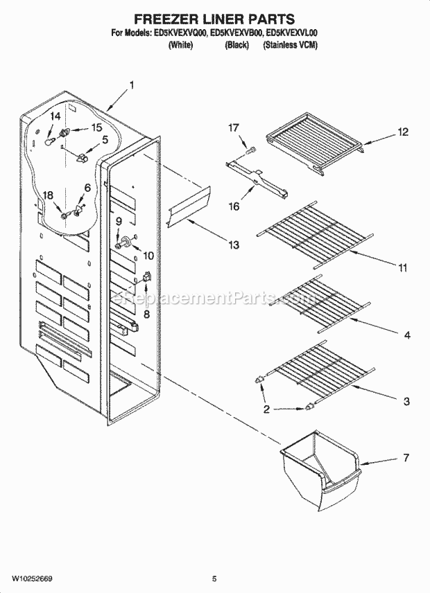 FREEZER LINER PARTS Diagram and Parts List for ED5KVEXVB00  Whirlpool Refrigerator