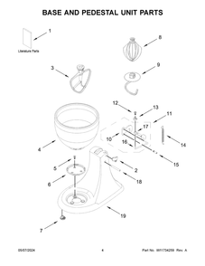 Base And Pedestal Unit Parts Diagram and Parts List for 5KSM180WSAEG5  KitchenAid Mixer