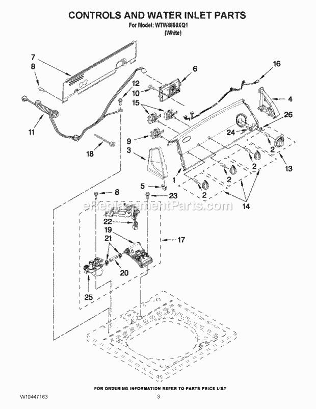 Controls And Water Inlet Parts Diagram and Parts List for WTW4850XQ3  Whirlpool Washer