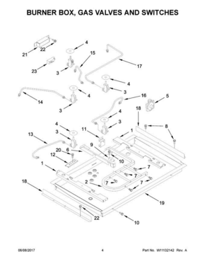 03 - Burner Box, Gas Valves And Switches Diagram and Parts List for KGCC566RBL07  KitchenAid Cooktop