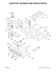 Cooktop, Burner And Grate Parts Diagram and Parts List for KDRS467VBU00  KitchenAid Range