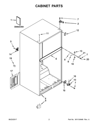 Cabinet Parts Diagram and Parts List for IRT134FDW00  Whirlpool Refrigerator