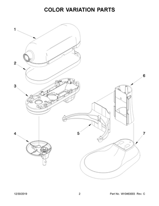 Color Variation Parts Diagram and Parts List for 5KSM7990XESL0  Whirlpool Mixer