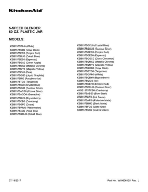 01 - Cover Sheet Diagram and Parts List for KSB1575QBY0  KitchenAid Blender