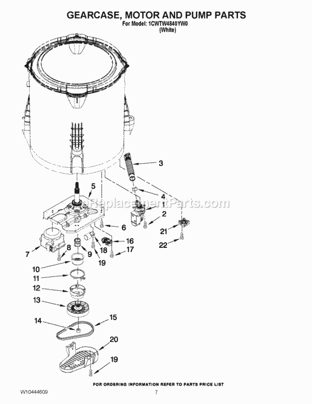 Gearcase, Motor And Pump Parts Diagram and Parts List for 1CWTW4840YW0  Whirlpool Washer