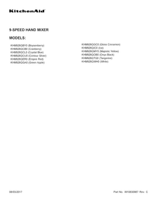 Cover Sheet Diagram and Parts List for KHM926QGC0  KitchenAid Mixer