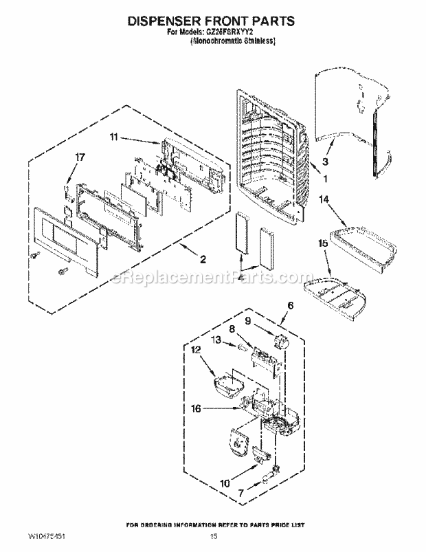 DISPENSER FRONT PARTS Diagram and Parts List for GZ25FSRXYY2  Whirlpool Refrigerator