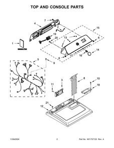02 - Top And Console Parts Diagram and Parts List for CDEW7011RW0  Whirlpool Dryer