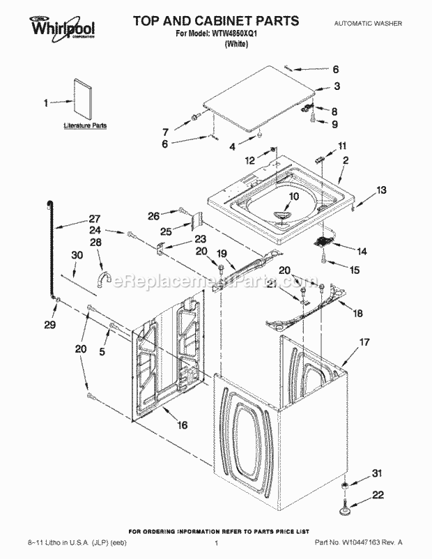 Top And Cabinet Parts Diagram and Parts List for WTW4850XQ3  Whirlpool Washer