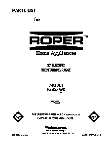 Front Cover Diagram and Parts List for F5357W0  Roper Range