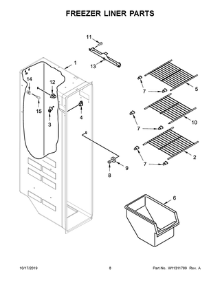 Freezer Liner Parts Diagram and Parts List for WRS311SDHM01  Whirlpool Refrigerator