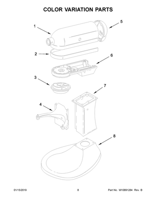 Color Variation Parts Diagram and Parts List for 5KPM5CSM0  Whirlpool Mixer