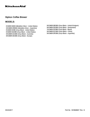01 - Cover Sheet Diagram and Parts List for 5KCM0812AOB0  KitchenAid Coffee Maker