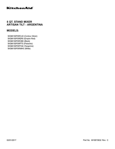 Cover Sheet Diagram and Parts List for 5KSM150PSRPT0  KitchenAid Mixer