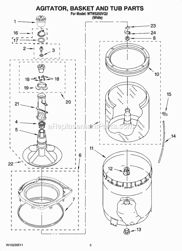 AGITATOR, BASKET AND TUB PARTS Diagram and Parts List for WTW5200VQ2  Whirlpool Washer