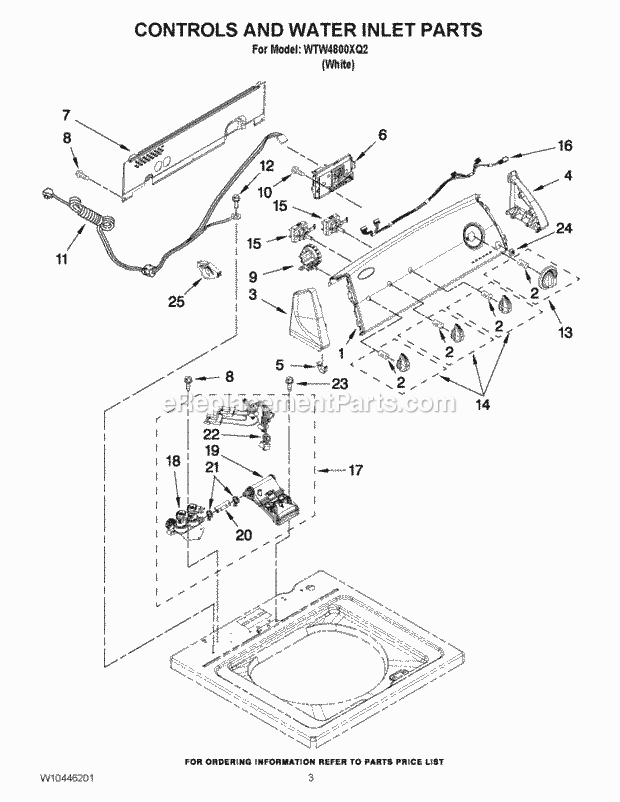 CONTROLS AND WATER INLET PARTS Diagram and Parts List for WTW4800XQ2  Whirlpool Washer