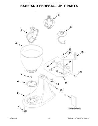 Base And Pedestal Unit Parts Diagram and Parts List for 5KSM95CWH0  Whirlpool Mixer