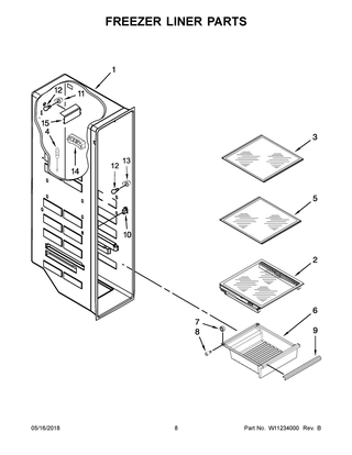 Freezer Liner Parts Diagram and Parts List for WRS586FIEM04  Whirlpool Refrigerator