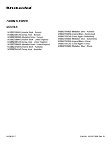 Cover Sheet Diagram and Parts List for 5KSB8270BCA0  KitchenAid Blender