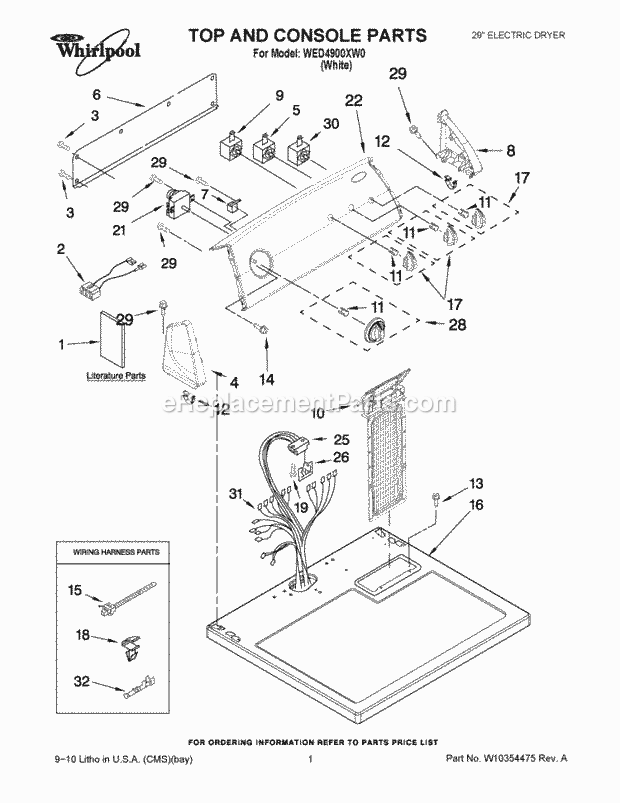 TOP AND CONSOLE PARTS Diagram and Parts List for WED4900XW0  Whirlpool Dryer