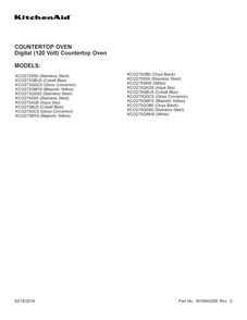 Cover Sheet Diagram and Parts List for KCO274SS0  KitchenAid Toaster Oven