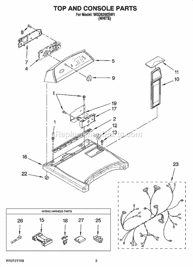 TOP AND CONSOLE PARTS Diagram and Parts List for WED6200SW1  Whirlpool Dryer