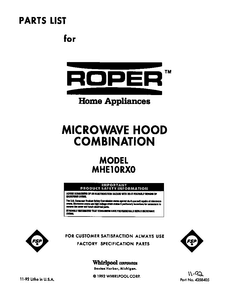 Front Cover Diagram and Parts List for MHE10RX0  Roper Microwave