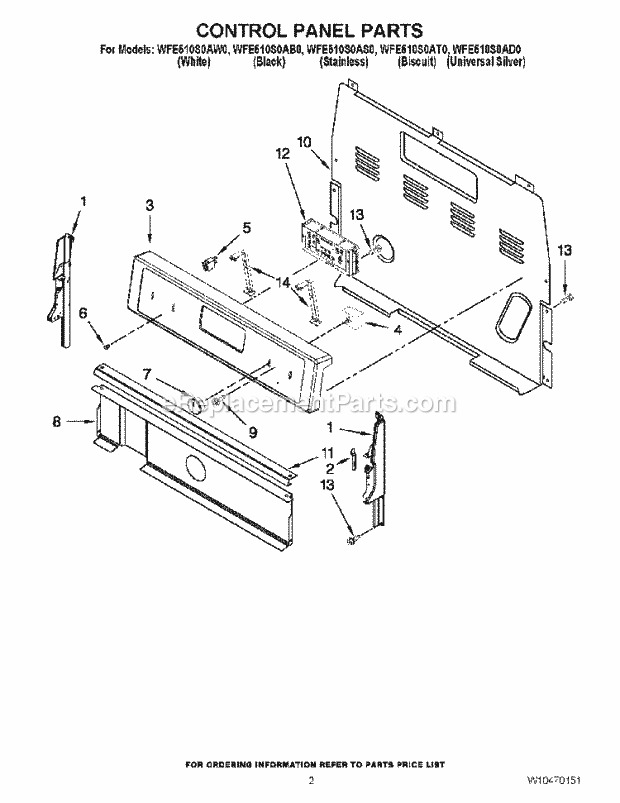 Control Panel Parts Diagram and Parts List for WFE510S0AD0  Whirlpool Range