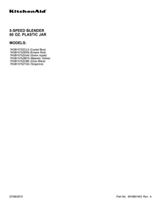 Cover Sheet Diagram and Parts List for 7KSB1575ZTG0  KitchenAid Blender