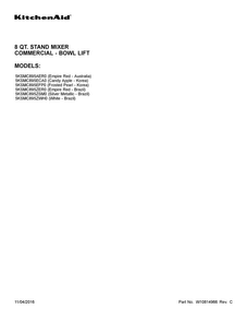 Cover Sheet Diagram and Parts List for 5KSMC895ZSM0  KitchenAid Mixer