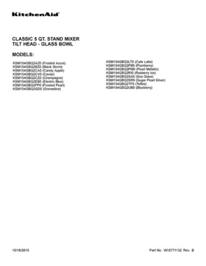 01 - Cover Sheet Diagram and Parts List for KSM154GBQ2EB0  KitchenAid Dishwasher