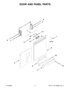 02 - Door And Panel Parts Diagram and Parts List for MDFS3924RW0  Whirlpool Dishwasher