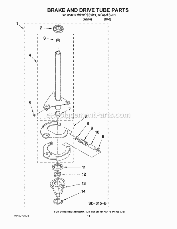 BRAKE AND DRIVE TUBE PARTS Diagram and Parts List for WTW57ESVW1  Whirlpool Washer