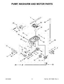 Pump, Washarm And Motor Parts Diagram and Parts List for KDPM804KPS2  KitchenAid Dishwasher
