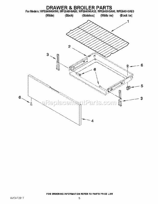 Drawer & Broiler Parts Diagram and Parts List for WFE540H0AE0  Whirlpool Range