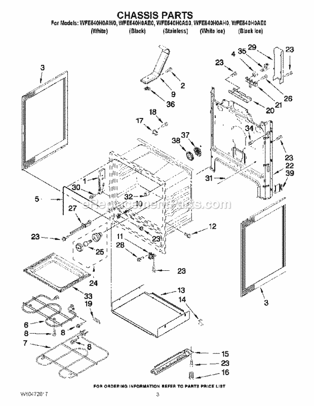 Chassis Parts Diagram and Parts List for WFE540H0AE0  Whirlpool Range