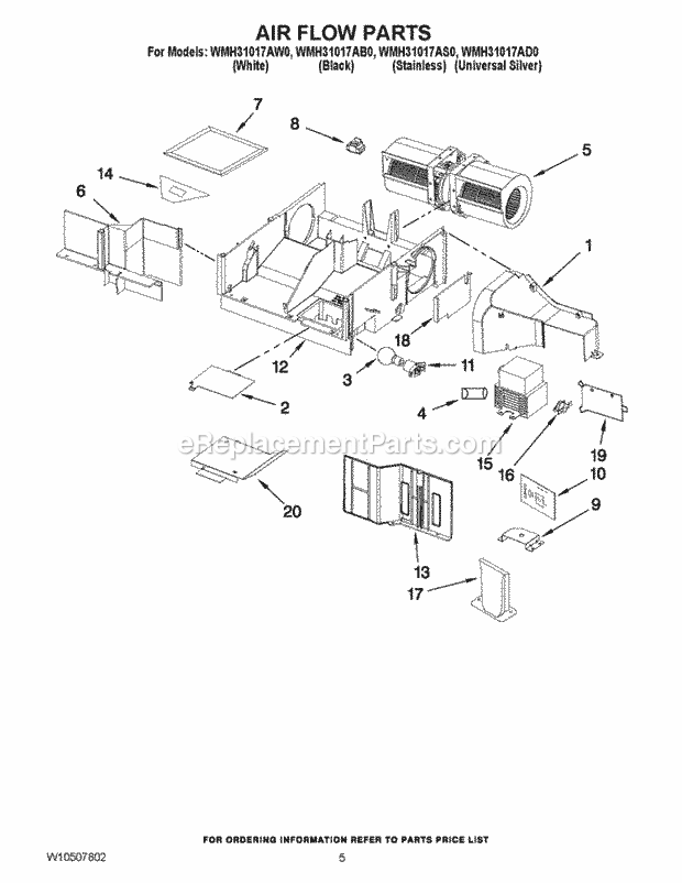 Air Flow Parts Diagram and Parts List for WMH31017AD0  Whirlpool Microwave