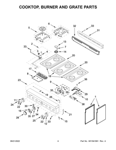Cooktop, Burner And Grate Parts Diagram and Parts List for KFGC506JAV05  KitchenAid Range