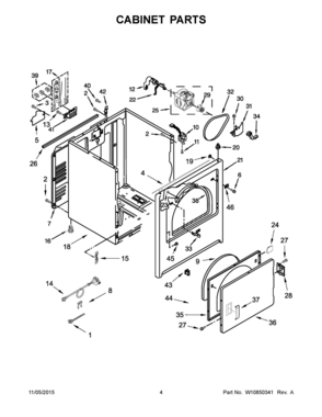 03 - CABINET PARTS Diagram and Parts List for YWED49STBW1  Whirlpool Dryer
