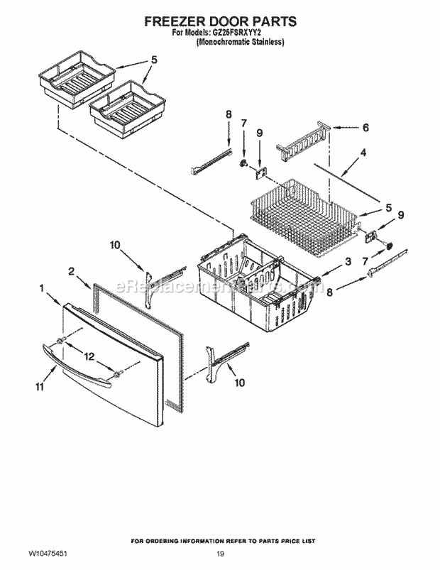 FREEZER DOOR PARTS Diagram and Parts List for GZ25FSRXYY2  Whirlpool Refrigerator