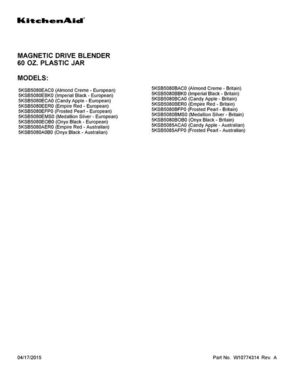 01 - Cover Sheet Diagram and Parts List for 5KSB5080A0B0  KitchenAid Dishwasher