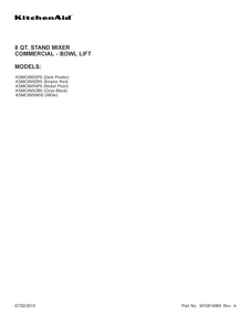 Cover Sheet Diagram and Parts List for KSMC895ER0  KitchenAid Mixer