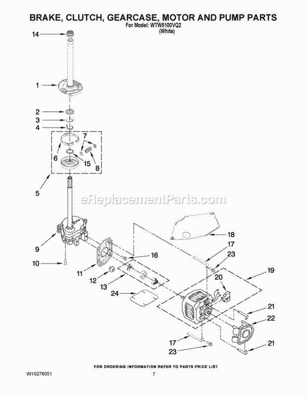 Brake, Clutch, Gearcase, Motor And Pump Parts Diagram and Parts List for WTW5100VQ2  Whirlpool Washer