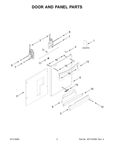 02 - Door And Panel Parts Diagram and Parts List for WDTS7024RZ0  Whirlpool Dishwasher