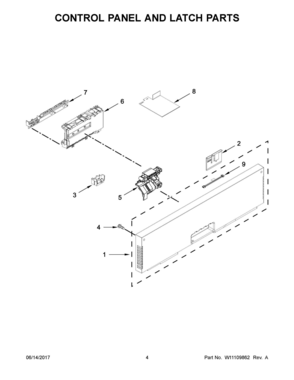 03 - CONTROL PANEL AND LATCH PARTS Diagram and Parts List for KDTM504EPA2  Whirlpool Dishwasher