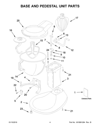 Base And Pedestal Unit Parts Diagram and Parts List for 5KPM5CSM0  Whirlpool Mixer