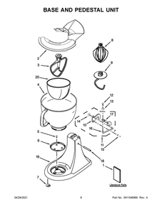 Base And Pedestal Unit Diagram and Parts List for 9KSM160FGAOB0  Whirlpool Mixer
