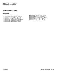 Cover Sheet Diagram and Parts List for 5KVJ0333ANA0  KitchenAid Juicer