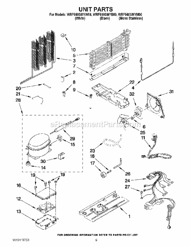 Unit Parts Diagram and Parts List for WRF560SMYB00  Whirlpool Refrigerator