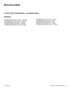 Cover Sheet Diagram and Parts List for 5KFP0933AOB0  KitchenAid Food Processor